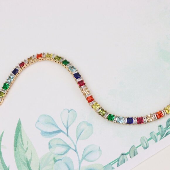 "Rainbow CZ Rose Gold Bracelet with Square Cut Stones, Vibrant Style, XPBL0742 - Picture 2 of 12